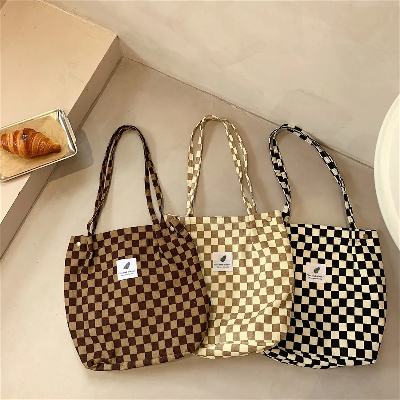 

Retro Corduroy Checkerboard Single Shoulder Tote Bag for Female Students Canvas Bag for Class, Minimalist Tote Bag