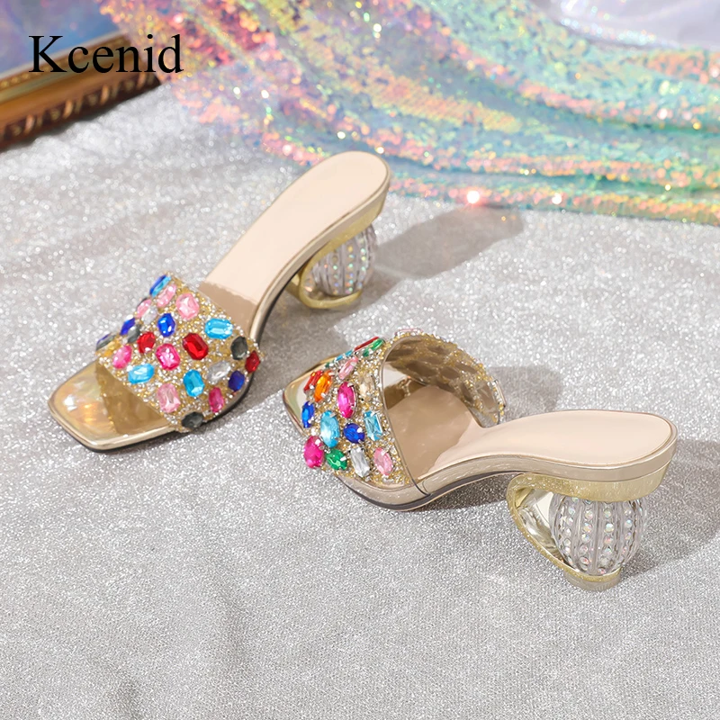 

Kcenid Summer Slippers Women Fashion Mixed Color PVC Square Toe High Heels Sandals Women Transparent Heels Party Wedding Shoes