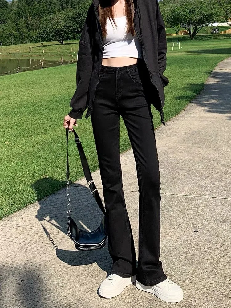 กางเกงยีนส์ทรงบูทคัทเอวสูงสำหรับผู้หญิง ทรงขากระดิ่งเล็กน้อย ผ้าฝ้ายยืด ใส่สบาย เหมาะสำหรับฤดูหนาว
