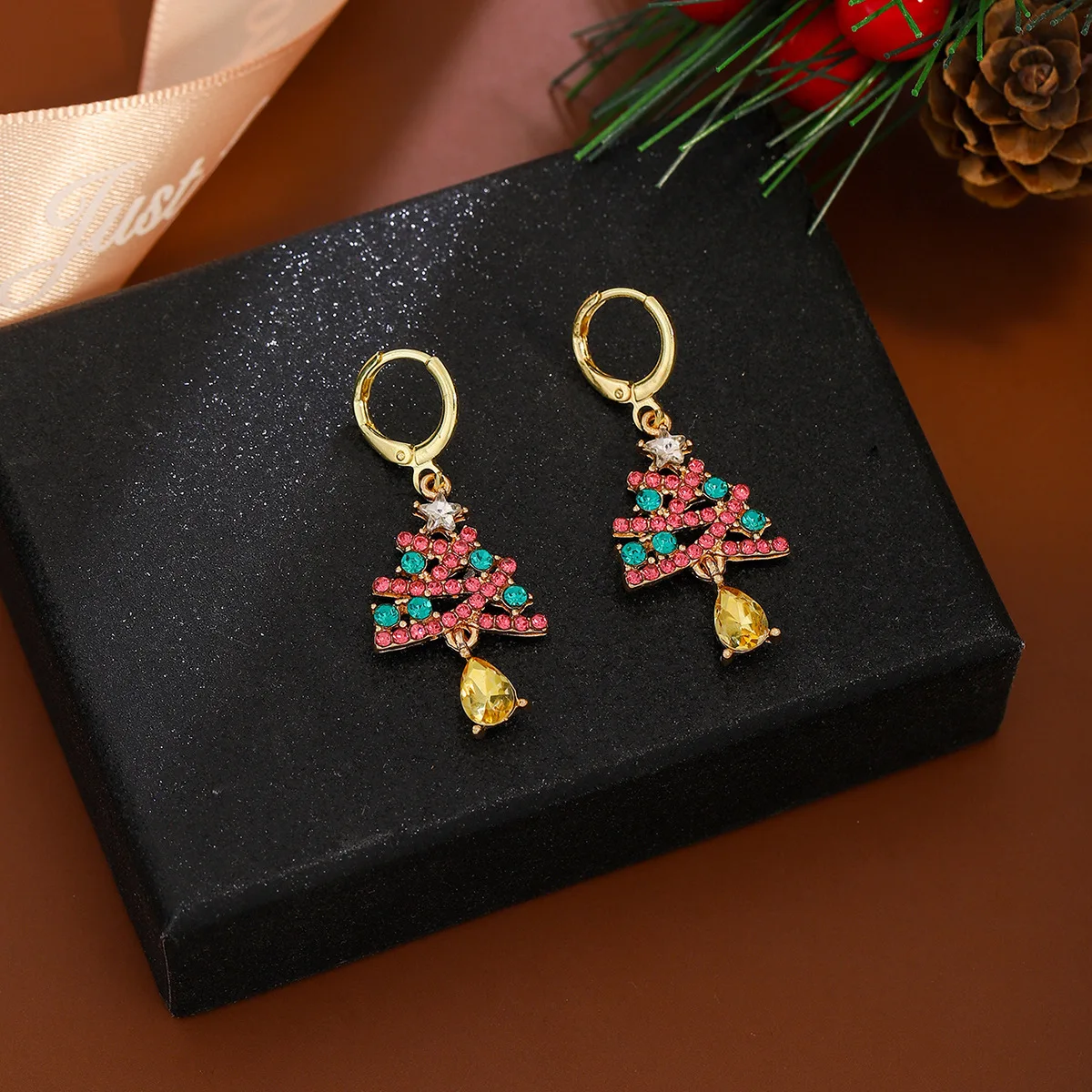 

New Delicate Full Rhinestone Christmas Tree Hoop Earrings for Women Exquisite Crystal Water Drop Earrings New Year Party Jewelry