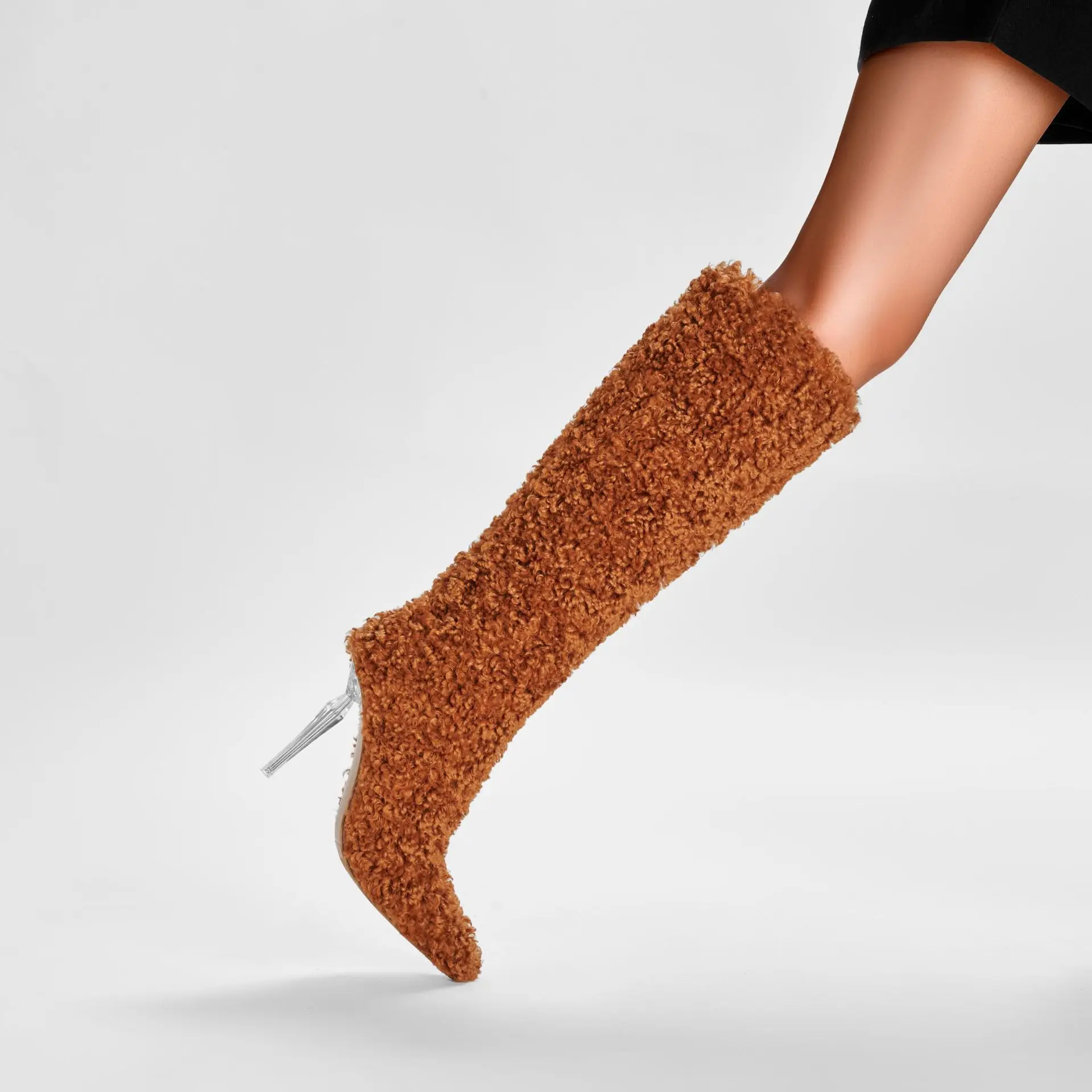 

Brown Furry Pointed Toe Thick Heel Knee-High Boots Elastic Slip-On Women Botines Special-Shaped High Botas Femininas Shoes