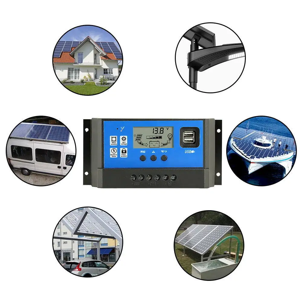 10A 12V/24V Solar Charge Controller For Pwm Regulator Lcd Display Dual Usb Backlight Protection Heat