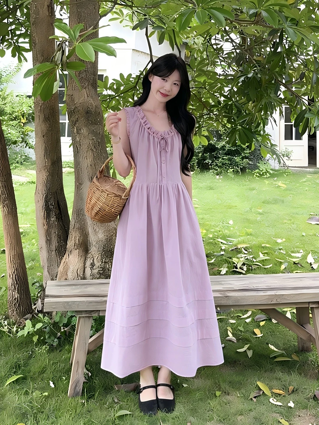 

Платье макси фиолетового цвета без рукавов в нежном стиле с плиссировкой на талии, стройнящее, для женщин, для летних городских прогулок