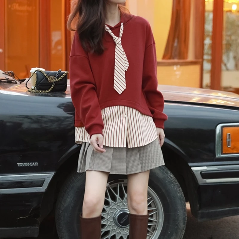 

Winter 2023 Autumn New and Red for Women Retro Fake Two-Piece Long Sleeve Striped Patchwork Hoodie 0926