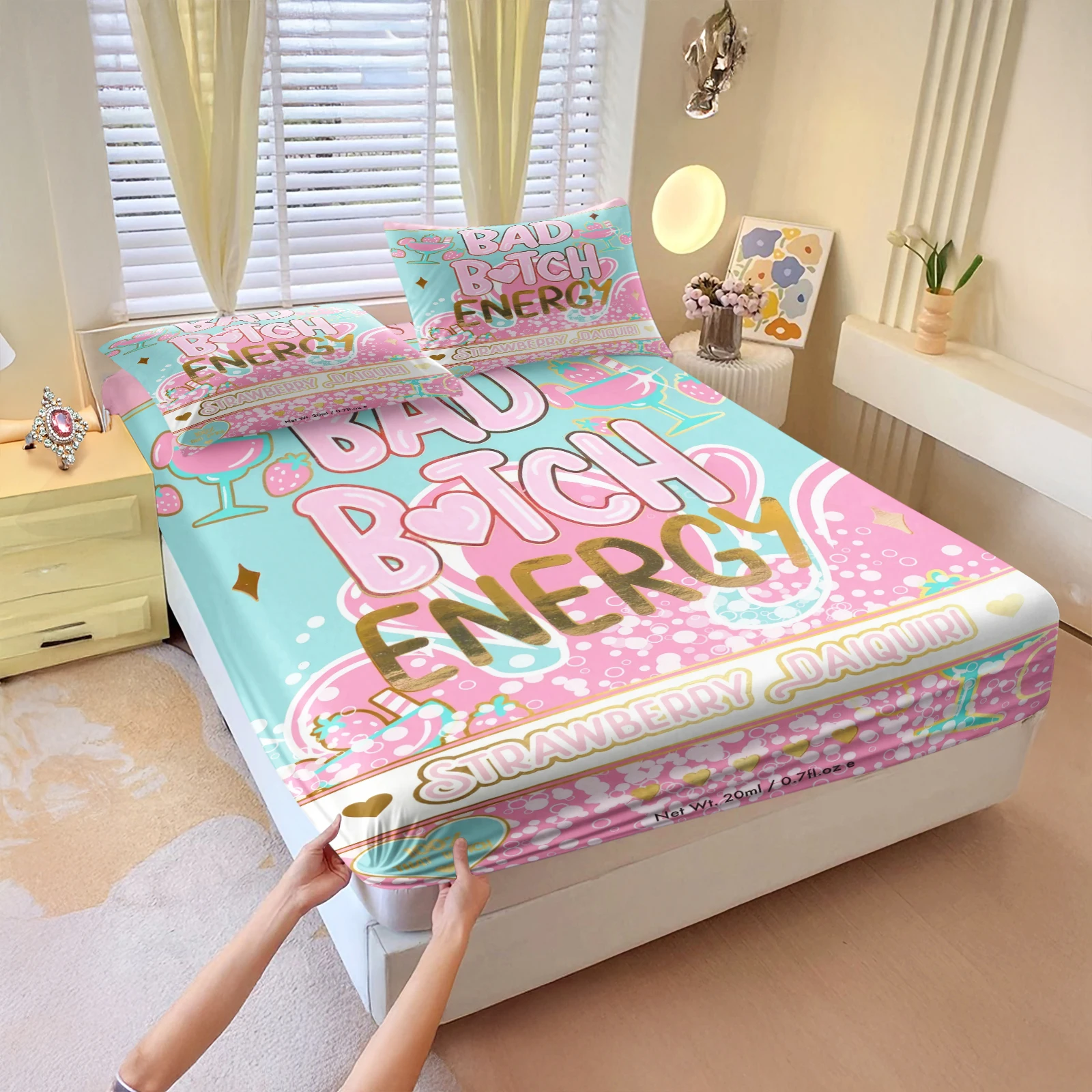 Lady Cute Pink Strawberry Daiquiri Print Fitted Sheet Set 3Pcs Bad Btch Energy Letter Design Elastic Deep Pocket Mattress Cover