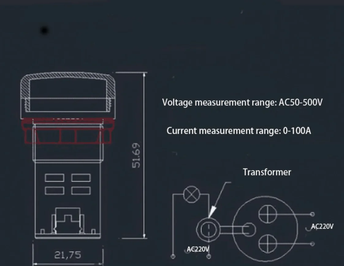 0-100A 60-500V 22MM Square Mini 3-in-1 Digital AC Voltage and Ammeter with Green/Red/Blue/White/Yellow LEDs