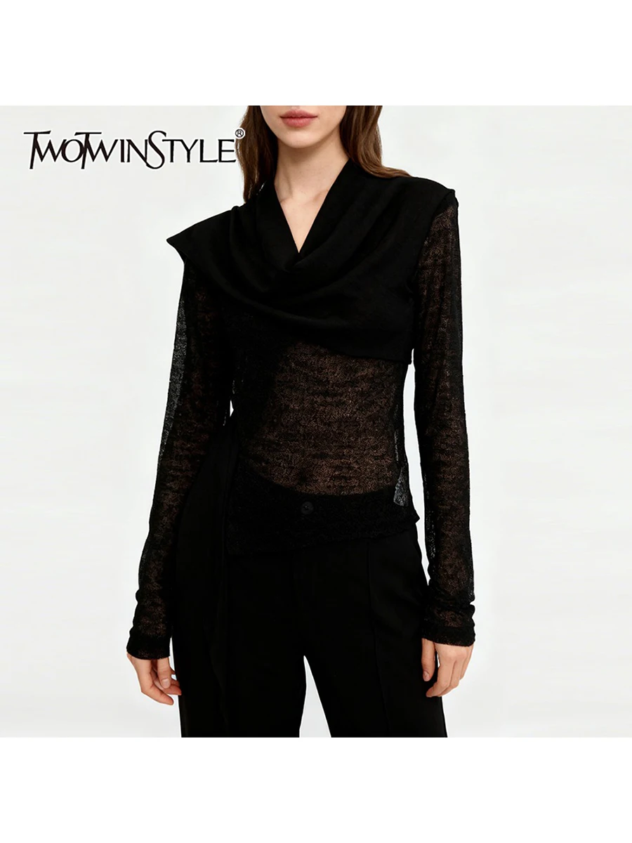 

TWOTWINSTYLE Прозрачные кружевные сексуальные футболки для похудения для женщин с круглым вырезом и длинными рукавами в стиле пэчворк, модная женская футболка