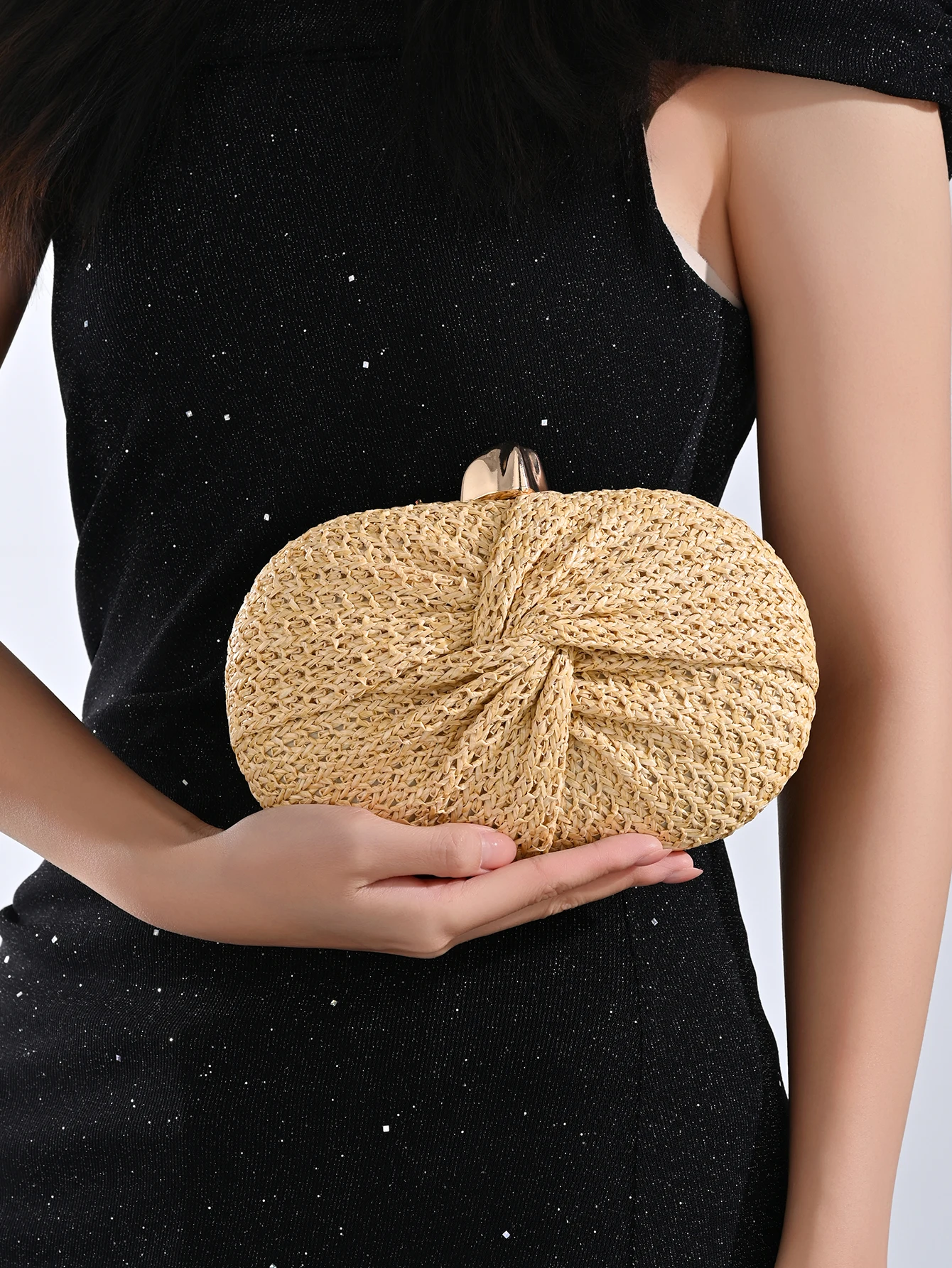 Women's evening bag, new single-shoulder crossbody bag, uniquely shaped oval straw bag, fashionable wedding and evening clutch view 3