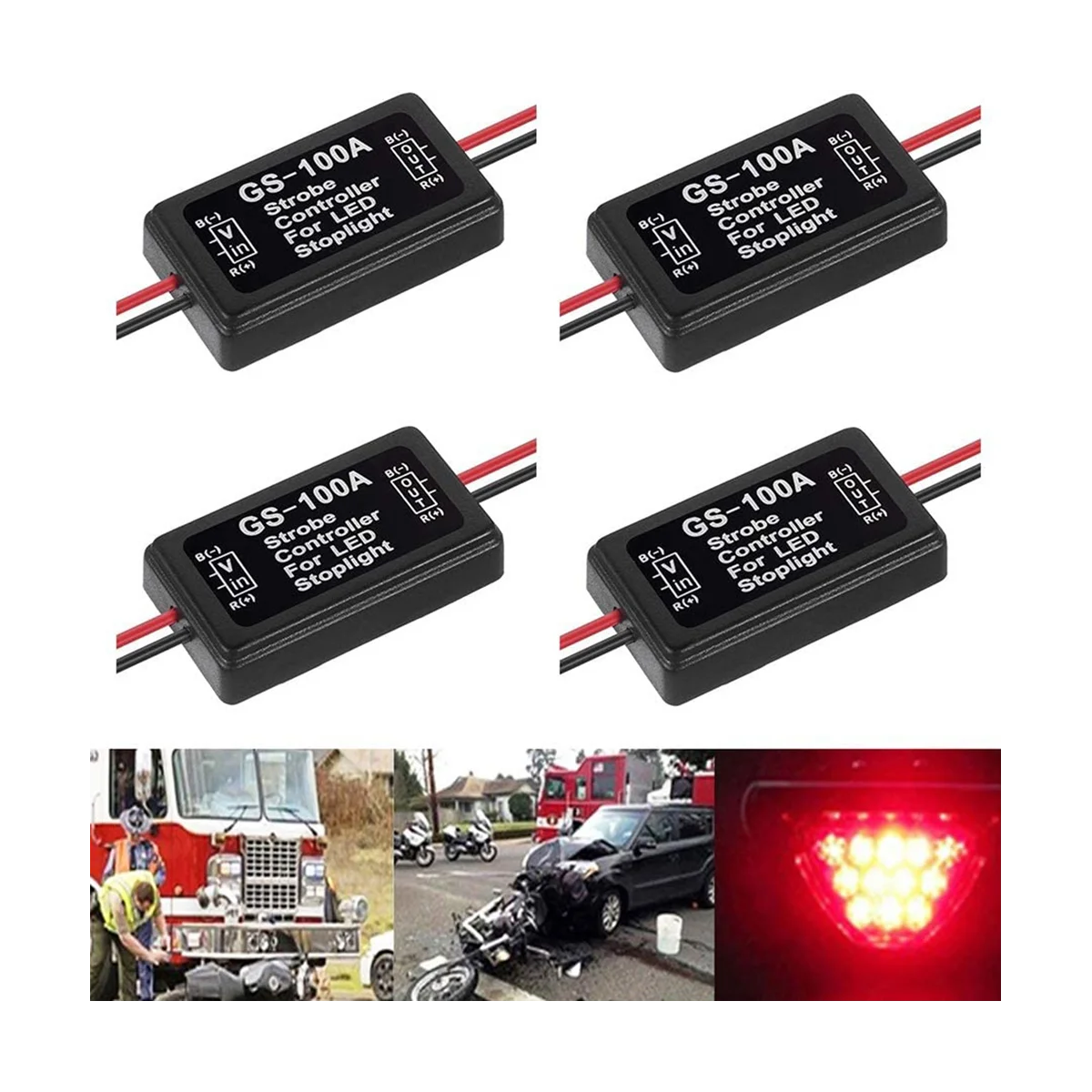 GS-100A Brake Light Flasher Module, DC 12-24V 2A 24W High Brake Controller Tail Lamp Safety Prompt Controller 4Pcs