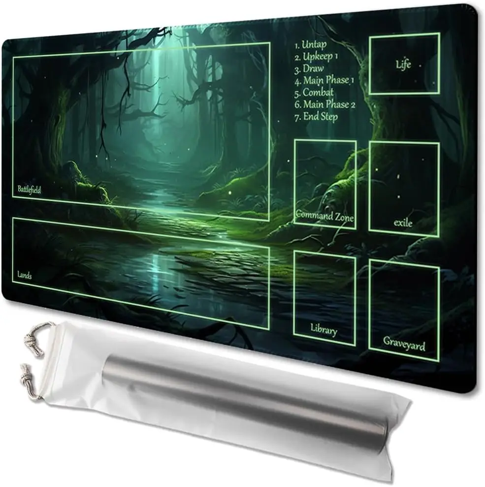 

MTG Playmat, размер 24x14 дюймов, бесплатные сумки для хранения, нескользящая подложка с принтом, идеально подходит для любителей карточных игр, игровой коврик TCG (с зоной, Mys
