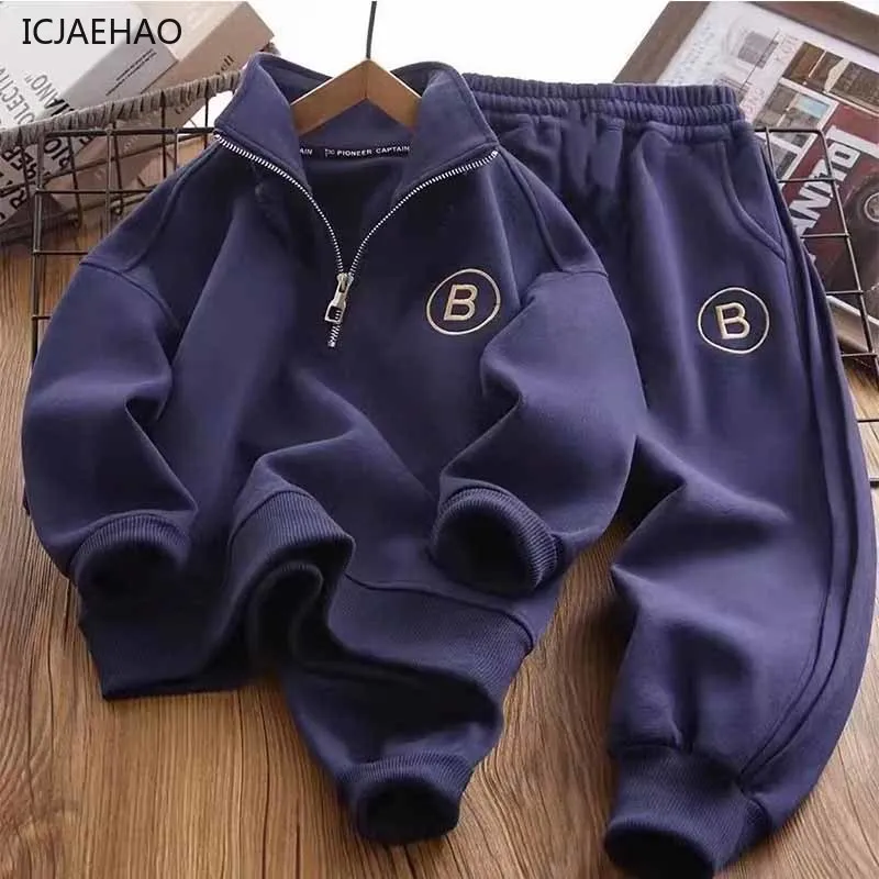 ICJAEHAO New Kids Loose Fashion Casual 2 Piece Children Sweater Sports Sets Boys Warm Stand-Up Collar Letter Suit Spring Autumn