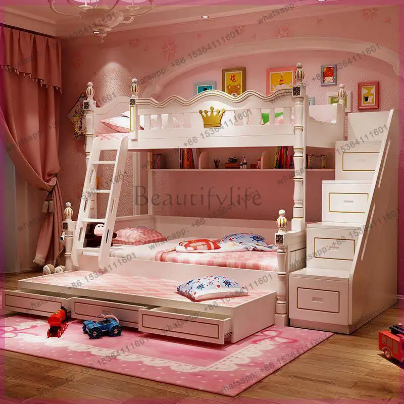 Children on and off the bed Double Princess High and low bunk wooden bed