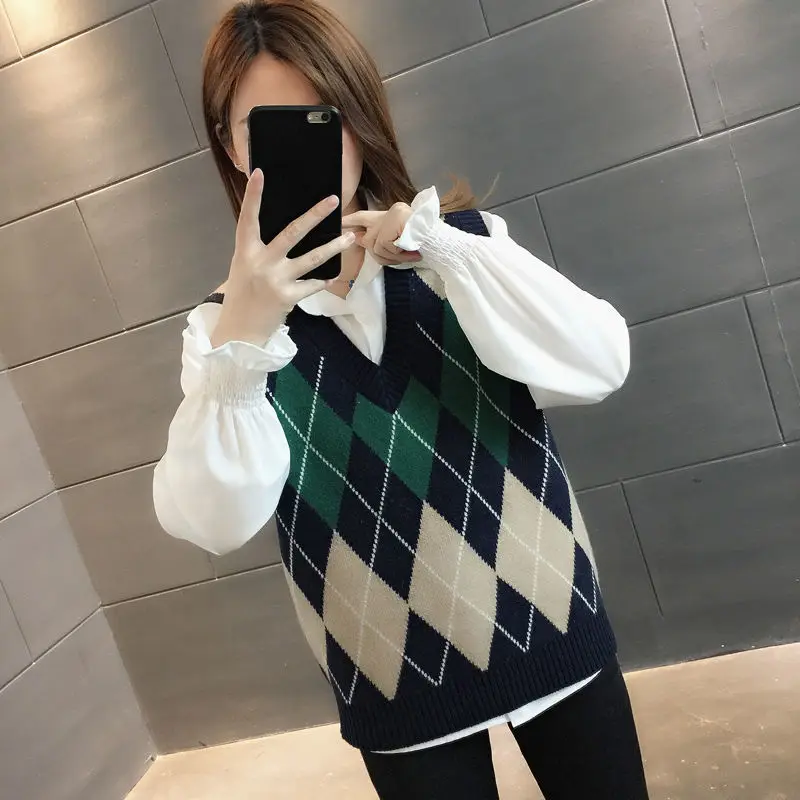 Donna autunno inverno 2023 nuovo maglione a righe senza maniche Argyle Pullover con scollo a v allentato Casual canottiere lavorate a maglia