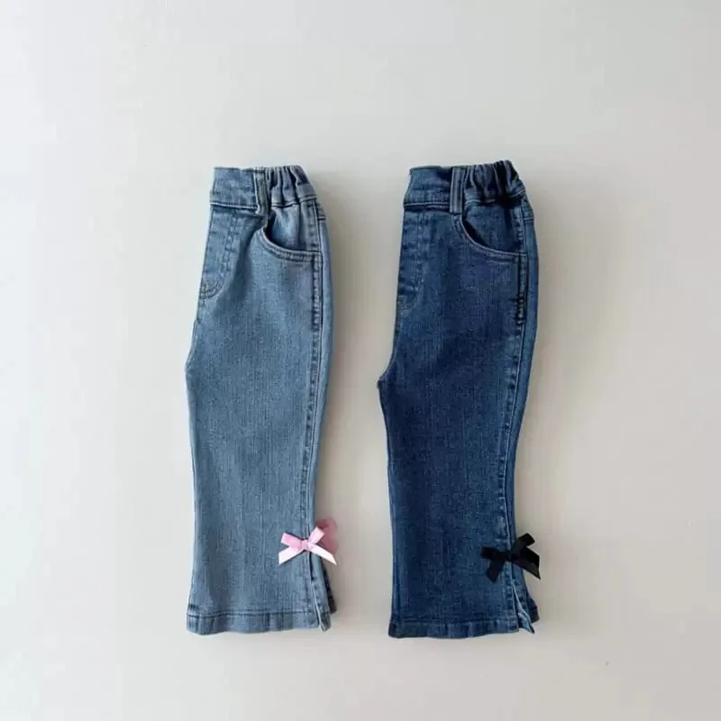 

Autumn New Girls Denim Flared Pants Solid Versatile Baby Girl Cute Bow High Waist Jeans Children Casual Pants Kids Trousers