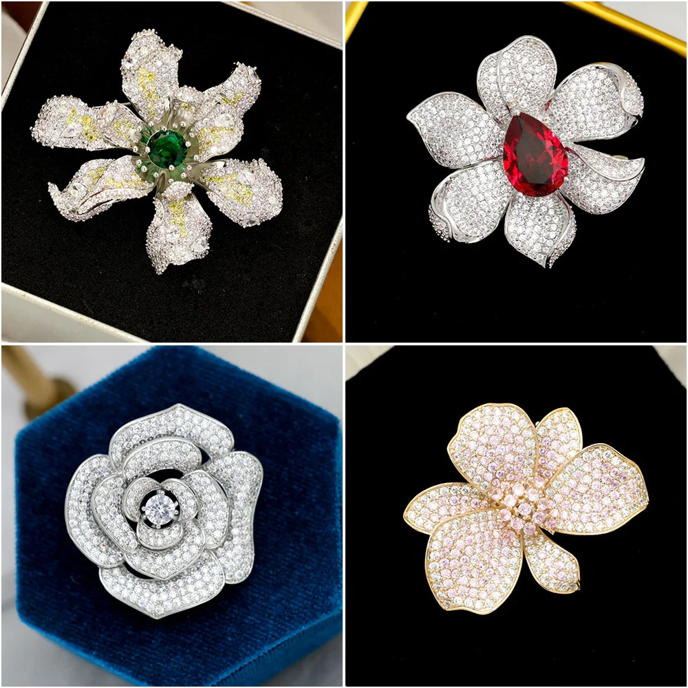 Luxury Full Cubic Zirconia Feather Flower Brooches for Women Pins Trendy Animal Insect Clothing  Accessories broche femme bijoux