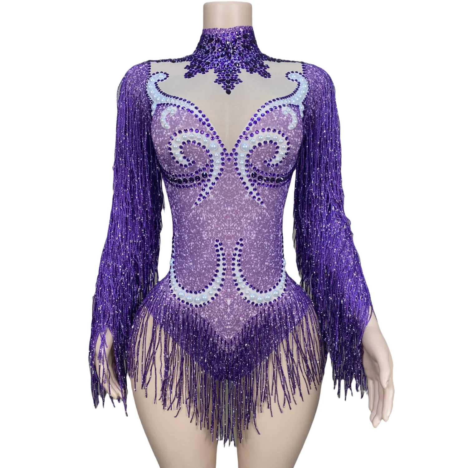 Sparkle Purple Rhinestone Women One Piece Jumpsuits Sexy Transparent Mesh Tassel Suit Stage Performance Nightclub Show Outfits