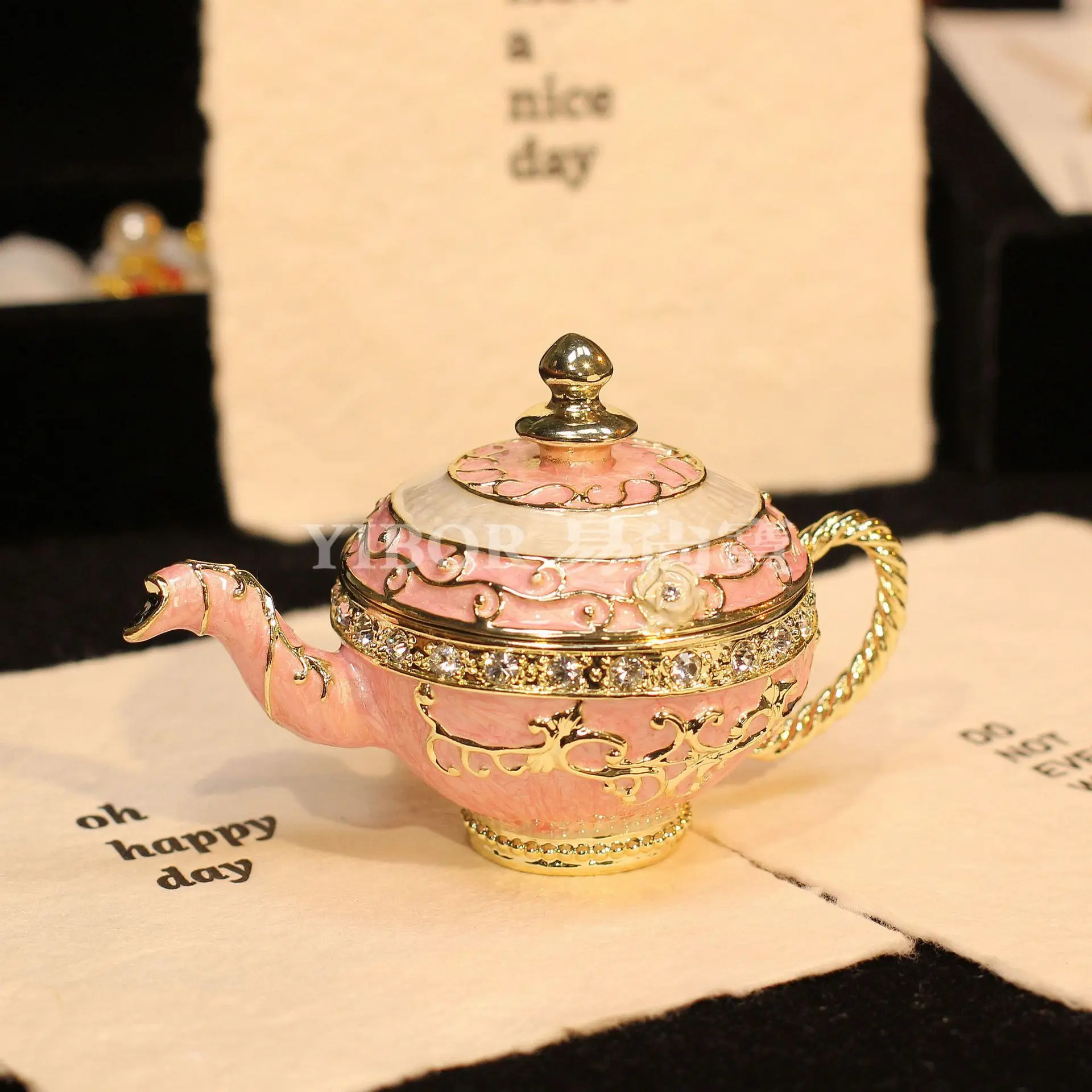Metal Cloisonne Teapot Jewelry Box, Vintage Gold Enamel Figurine, Rhinestone Accent Handcrafted Gift for Vanity Decor