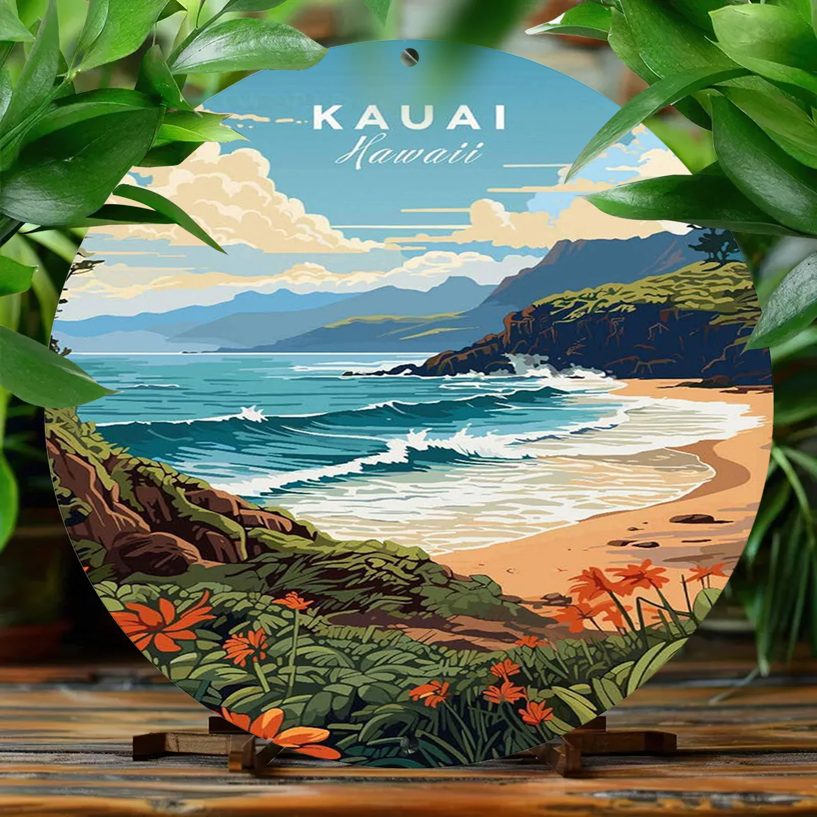1pc Kauai Hawaii Aluminum Wall Art - Vintage-Style Circular Metal Sign - Weatherproof, UV Resistant, Pre-drilled - High Definiti