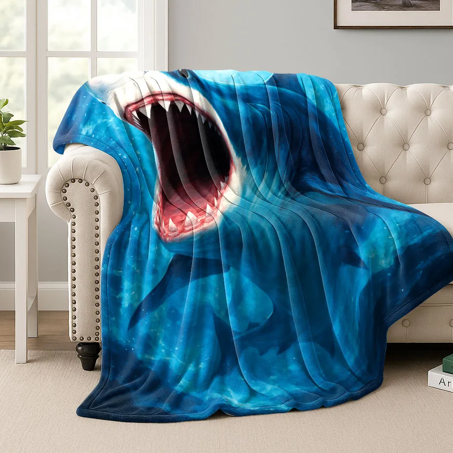 1pc 2D Printed Flannel Blanket, Soft and Warm Shark Pattern Throw, Available in Multiple Sizes, Suitable for Sofa,, Travel, Camp