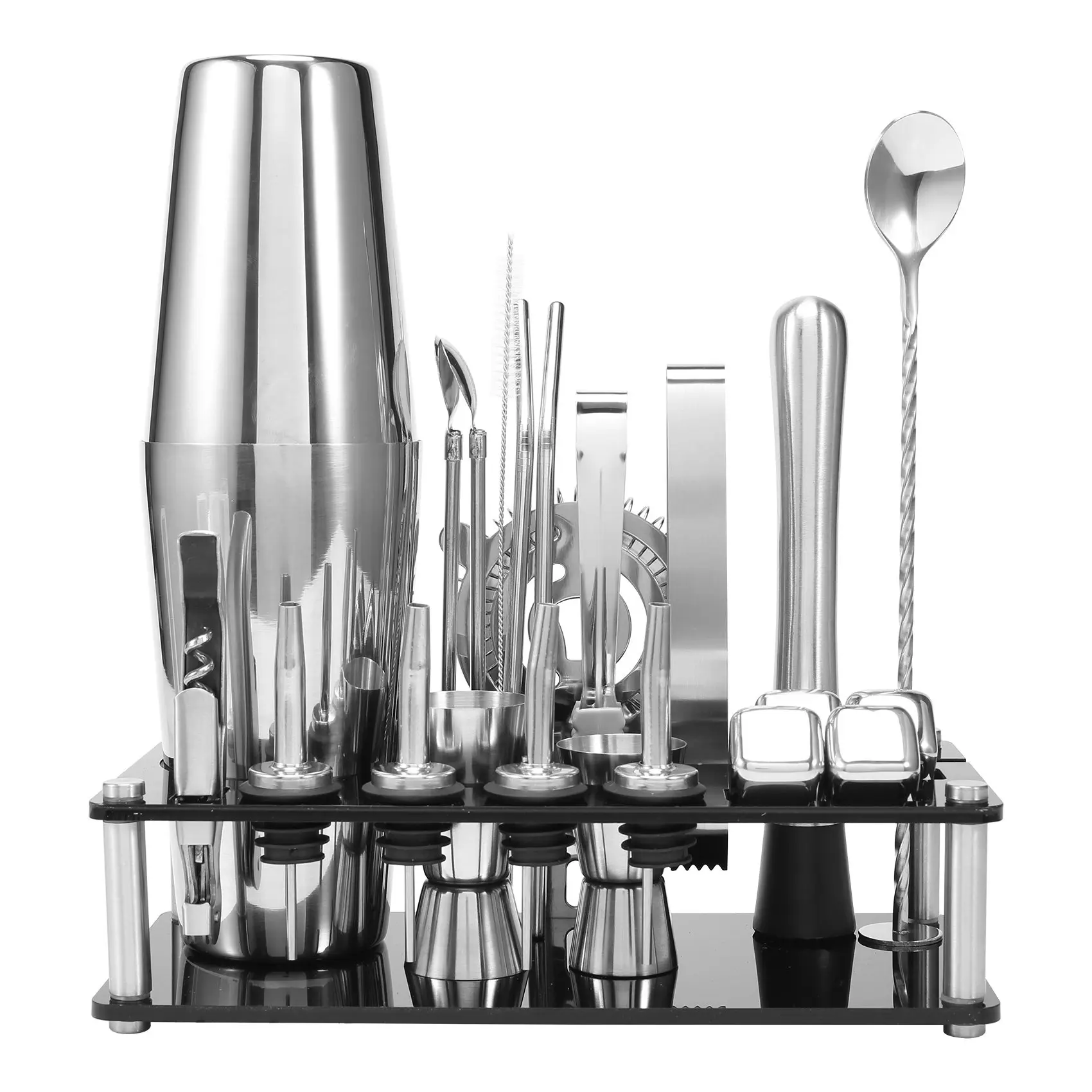 A36T-Cocktail Shaker Set, Boston Stainless Steel Bartender Kit With Acrylic Stand & Cocktail Recipes Booklet
