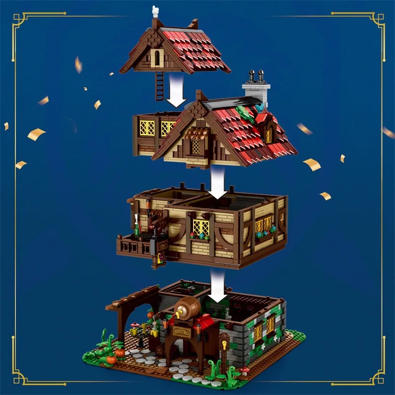 Mittelalterliche Taverne MOC 66018 Inn Architektur Ziegel Holzhaus Modulare Modellbausteine Geschenkideen DIY Spielzeug Kit Kinder Erwachsene