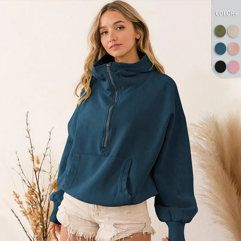 

Fashion Women's Hooded Sweatshirts Loose Zipper Collar Pockets Casual Street Tops Drawstring Sport Coat Female Sweatshirts