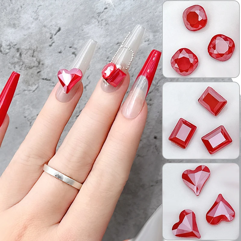 10Pcs Sparkle Crystal Red Rhinestones 3D Nail Art Decoration Translucent Nail Charms Mix Shape Jewlery Manicure DIY Nail Art