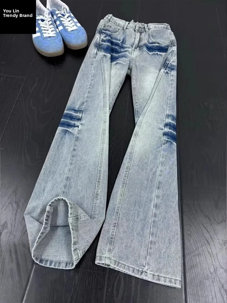 

Blue Waed Lightning Pattern Men's Jeans CleanFit Flared American Retro Bend Knife Straight Leg Cotton Denim Casual Trousers