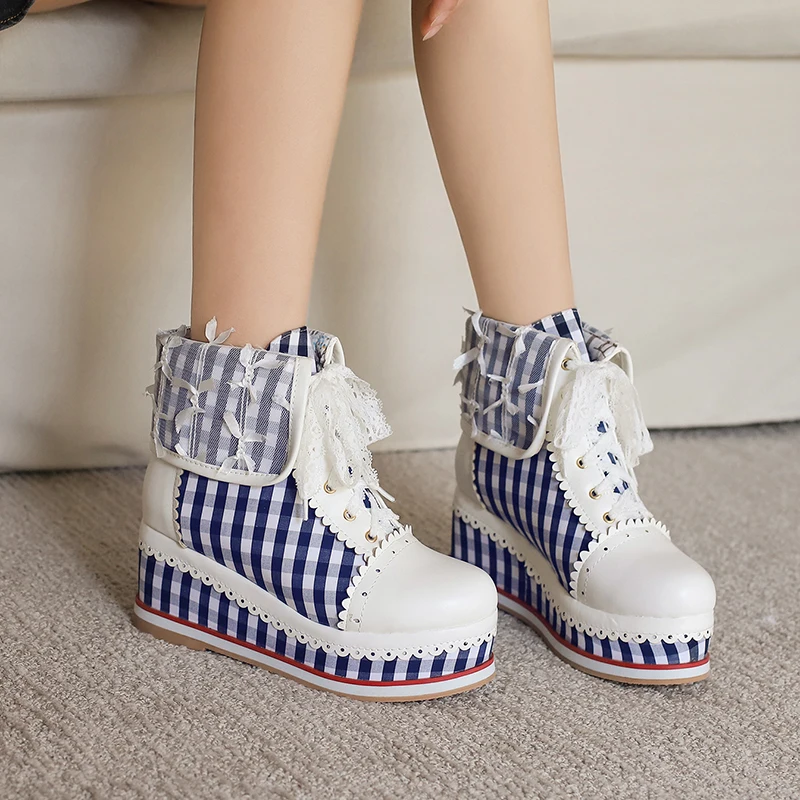 Women\'s Gingham Lolita Wedge Boots, Lace-Up Brogue Style, Cosplay Cute Platform Shoes - Various Color Options Plus Size 31-48