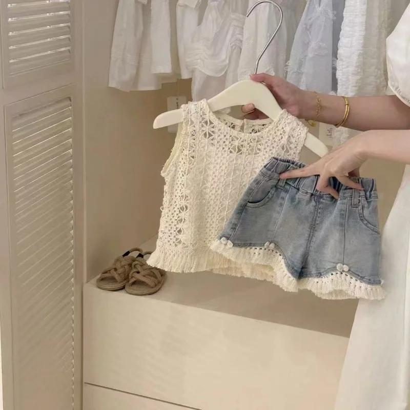 Childrens Sets Girl Summer New Korean Baby Hollowing Out Vest Camisole Tops Jeans Three Pieces Sweet Simple
