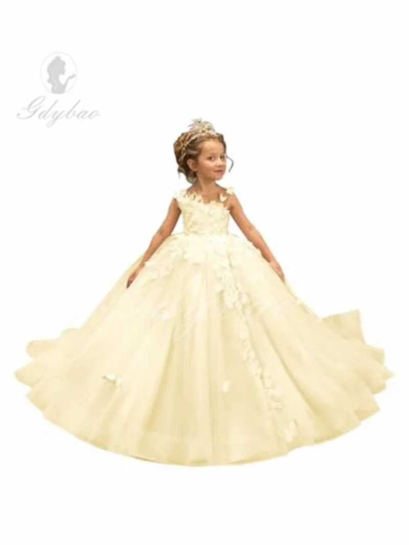 3D Butterfly Flower Girl Dress, Apliques de tule, Comunhão, Princesa Casamento Pageant, vestido de baile