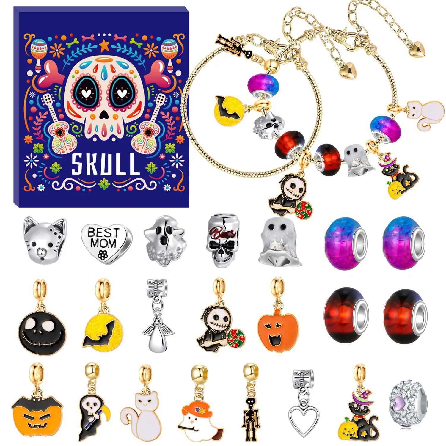 

Skull Advent Calendar Halloween Bracelets 24 Days Countdown Advent Calendar DIY Cute Cartoon Halloween Craft Kit for Girls