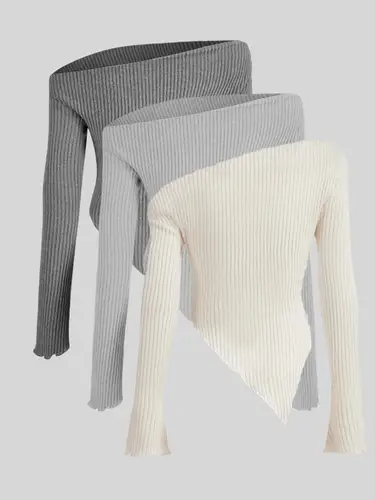 Imagen 2 del producto Nueva moda de otoño e invierno, color sólido, superventas, cuello único, camiseta de manga larga para mujer, conjunto de tres piezas