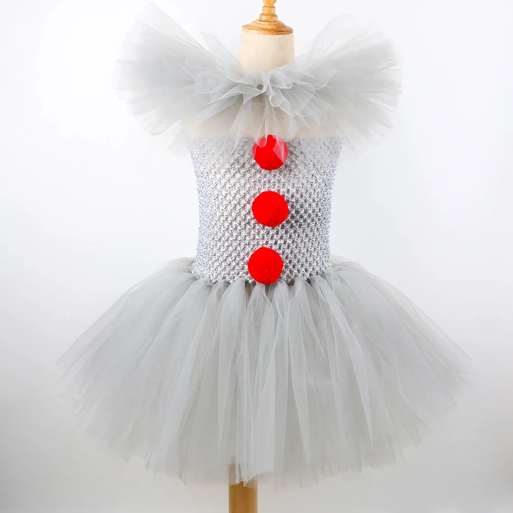 Halloween Girl Joke Dress Gray Clown Costumes Creepy Clown Cosplay Clothes Tutu Dress Children Party Clothing for Kids Halloween