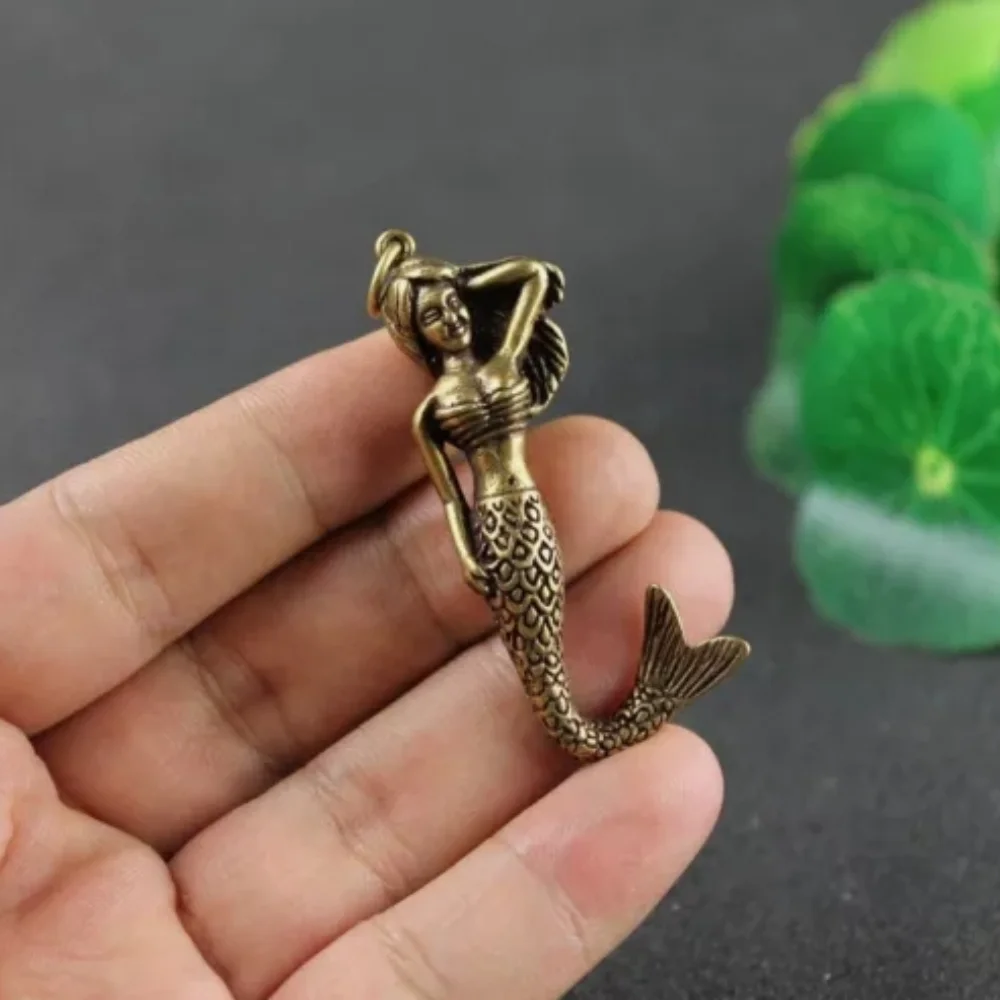 Pure Brass Mermaid Key Chain Keyring Figurine Ornament Miniature Statue Craft