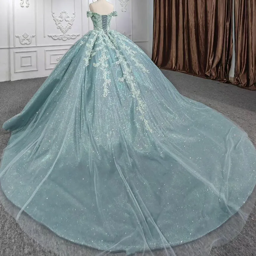 Mint Green Puffy Skirt Princess Quinceanera Dresses Off shoulder 3D Floral Gillter Lace-up Corset Charro vestido xv años mexican