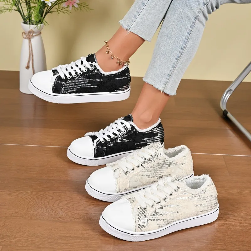 أحذية ربيعية منخفضة الأعلى للنساء، أحذية رياضية مسطحة كاجوال متعددة الاستخدامات بمقدمة مستديرة وقماش ترتر قابلة للتنفس