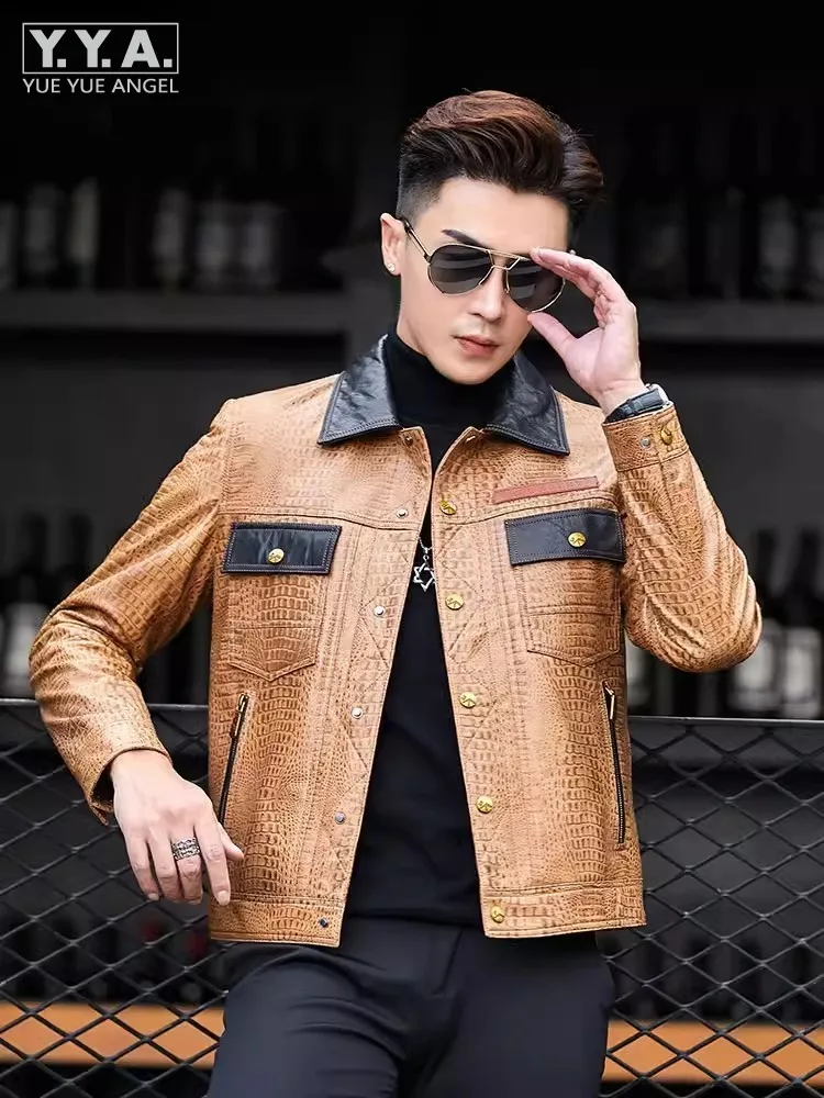 Mens Crocodile Patterned Real Sheepskin Jacket Colors Mixed Single Breasted Slim Fit Autumn Business Work Genuine Leather Jacket