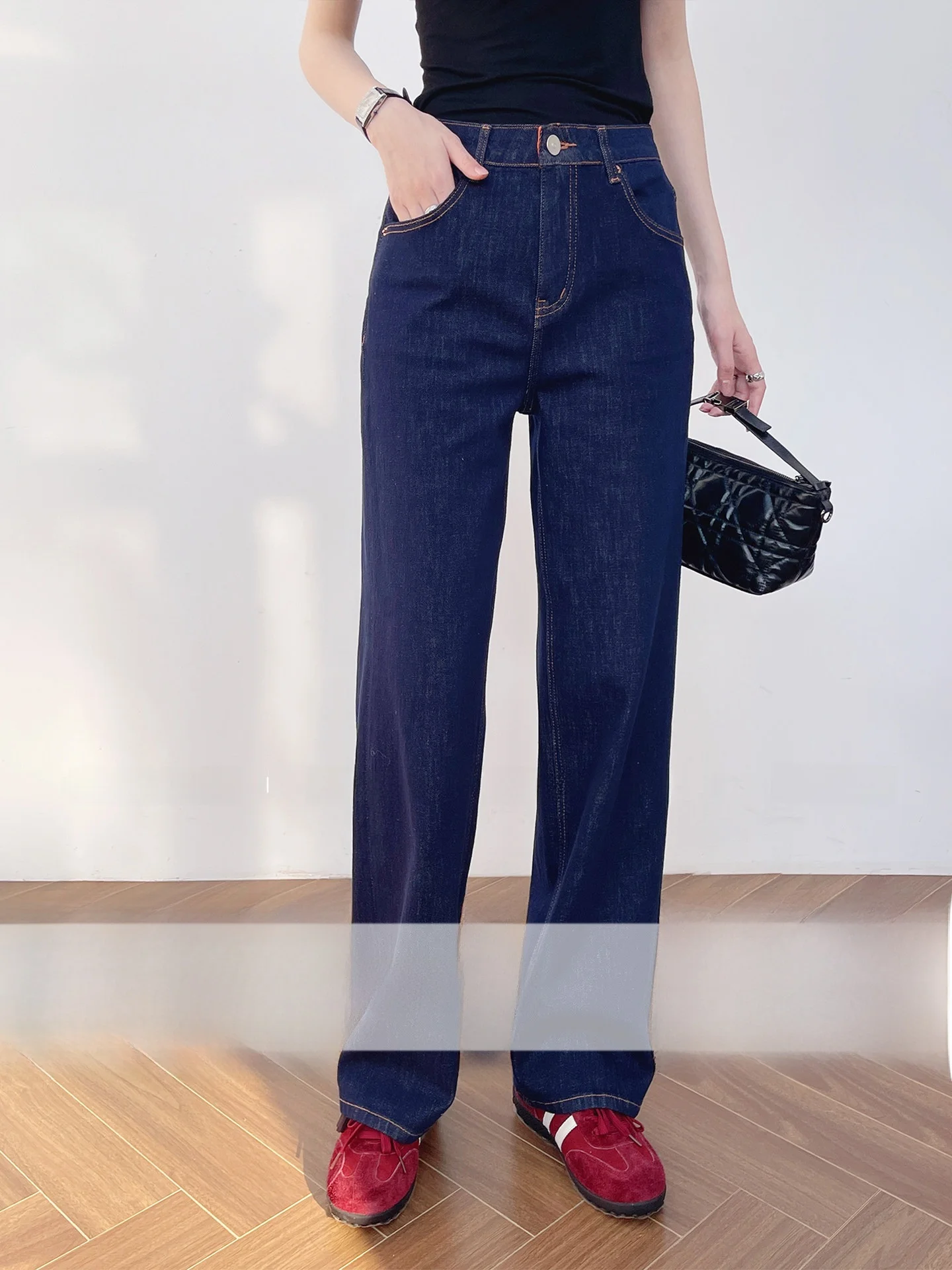 

High Waist Straight Leg Denim Pants Korean Sle Four Way Stretch Linen Long Trousers Super Soft Elastic Waisand