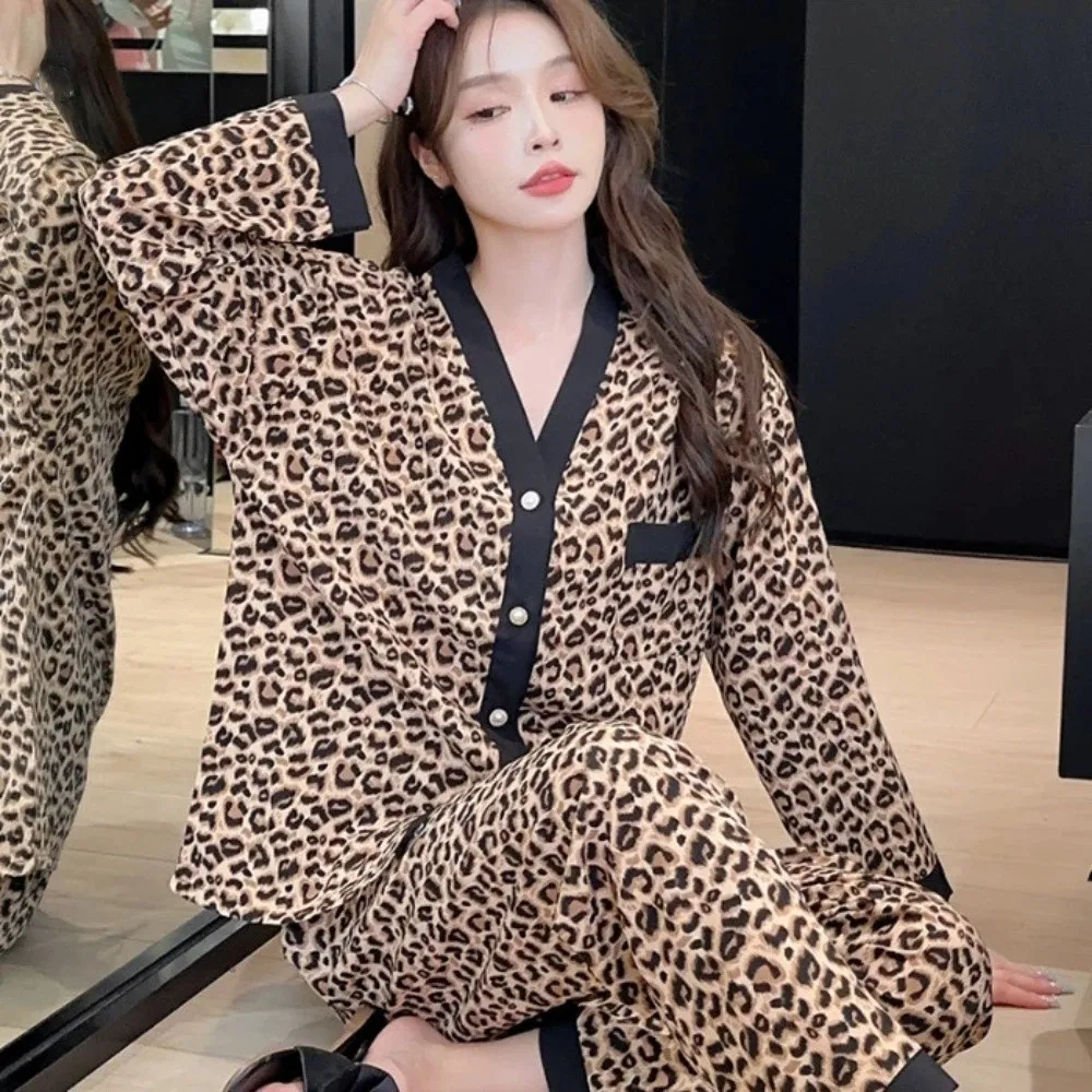 

Korean Style V-neck Grid Pajamas Women Casual Homewear Leopard Sleepwear Set Spring Autumn Loose Long Sleeves Pajamas Girl