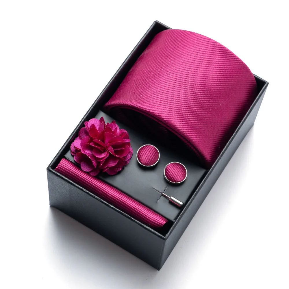 4-teiliges Set – einfarbige Herrenkrawatte, Einstecktuch, Manschettenknöpfe und Ansteckblume, hochwertige Geschenkbox, stilvoll und praktisch, El – Detail 1