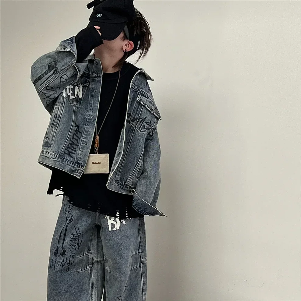 

Autumn New Fashionable Boys Handsome Cool Denim Two Piece Set Children Clothing Denim Set Vintage Graffiti Loose 2025