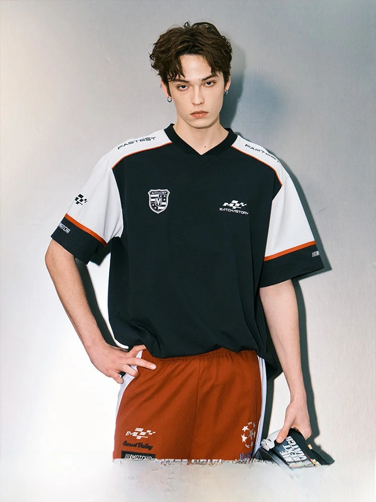 Cool Quick Dry T-Shirt Short Sleeve V-Neck Sports Unisex Racing Style Half Sleeve Shoulder Color Block Loose Fit Polyester Fiber
