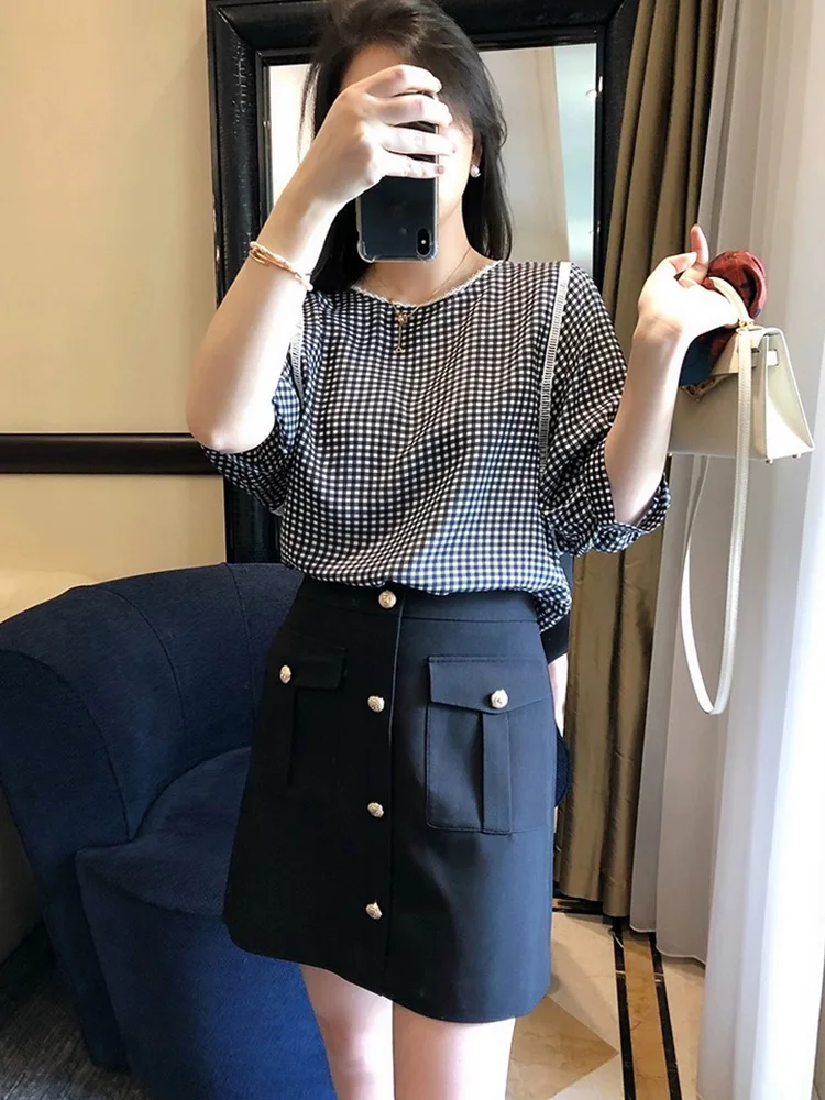 

European Sle Unique Design Color Blo Plaid irt Summer Loose Casual Commute Versatile Women's Top Korean Loose Fit irt
