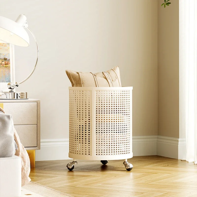 

Nordic-Style Dirty Clothes Basket Wicker Weave Storage with Mobile Wheel Hollow Ventilated Organizer Bin Laundry Cart