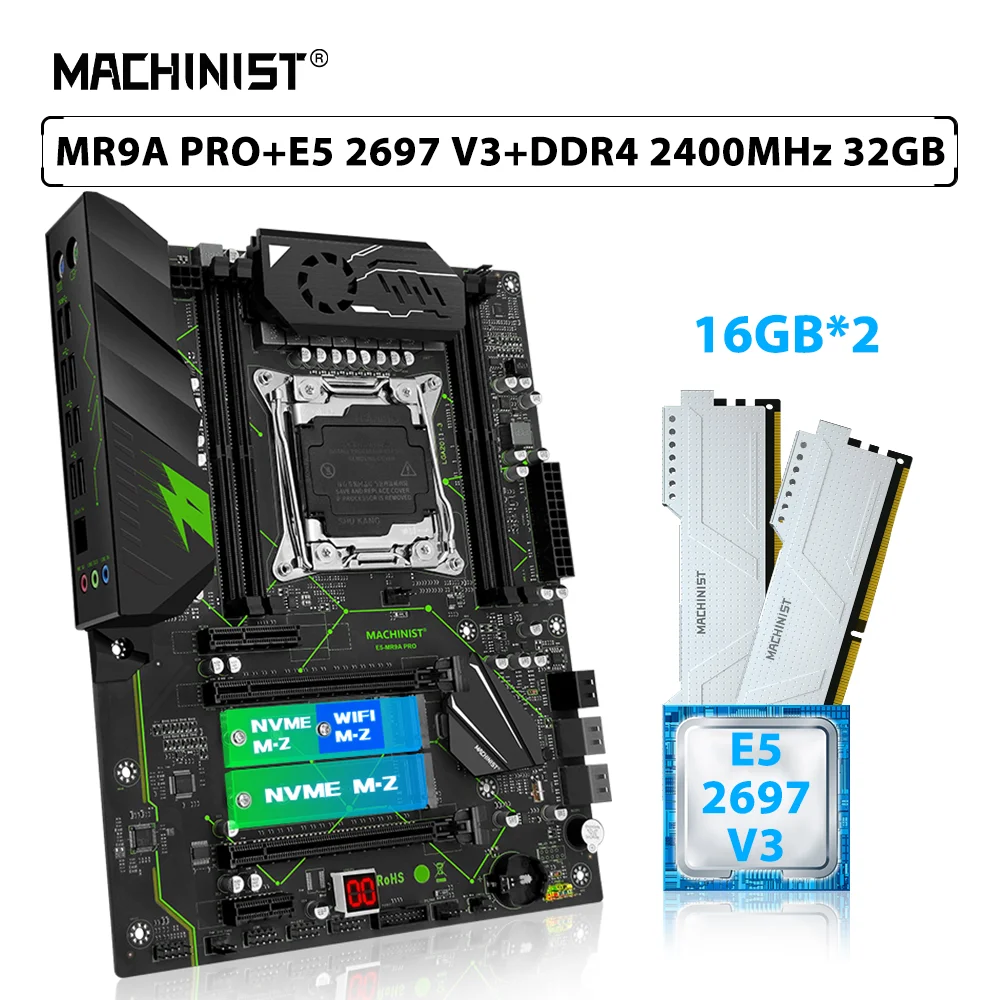 MACHINIST X99 MR9A PRO Motherboard Set LGA 2011-3 Xeon Kit E5 2697 V3 Processor CPU 32GB=2pcs*16GB DDR4 2400MHz Memory RAM SSD