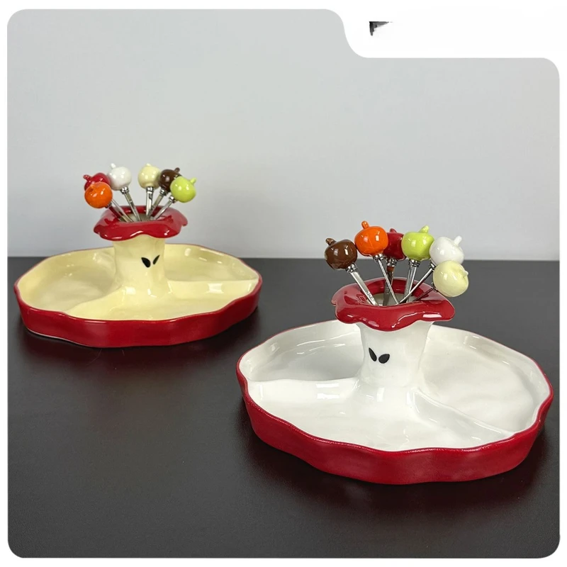 Creative ceramic fruit plate stainless steel fruit fork set household dessert snack plate housewarming new wedding