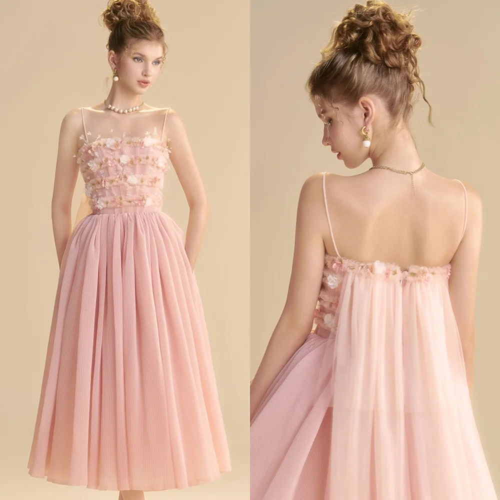 

Customized High Quality Intricate Tulle Handmade Flower A-line Spaghetti strap Tea Length Dresses Bespoke Occasion Dresses Sexy