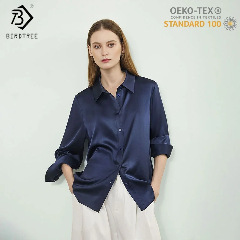 Birdtree,OEKO-TEX,90%  Silk Blouse,Women Full Sleeve Lapel Tops,Commuting,Single Breasted,2025 Autumn Shirt T5D208JF