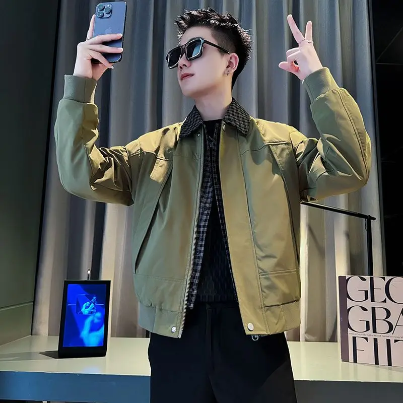 2026 Men's Fake Two Piece Lapel Workwear Jacket Spring Autumn Trendy Casual Versatile Outerwear Top